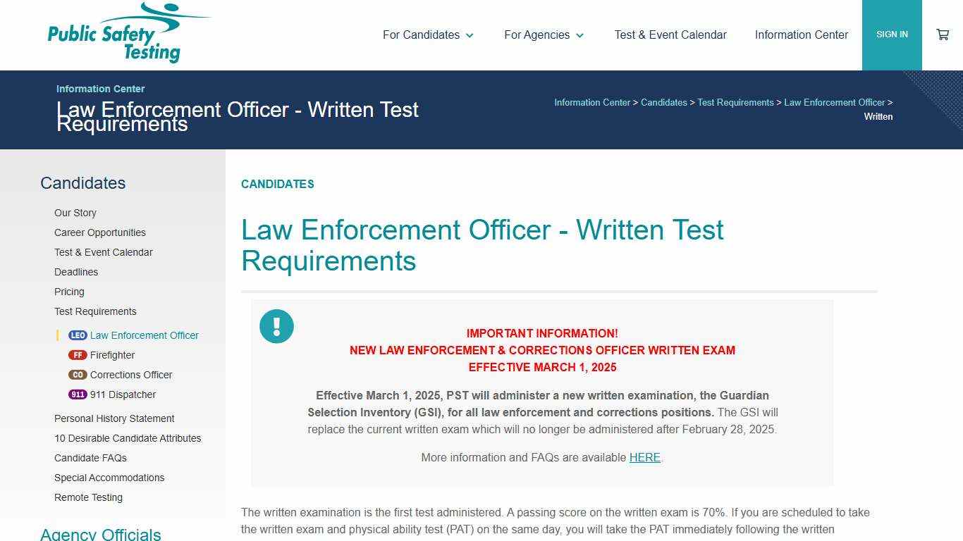 Public Safety Testing - OLD Law Enforcement Officer - Written Test Requirements